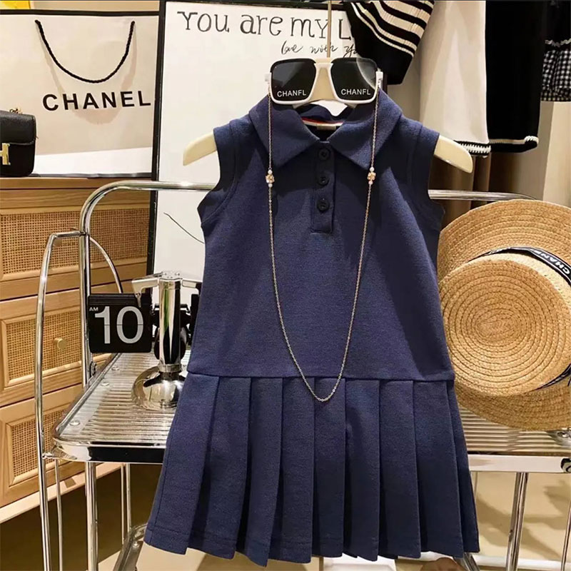 IQANGEL Girls' Dress New Trendy Preppy Style Sleeveless Pleated Skirt Polo Dress Children's Princess Dress Fashion