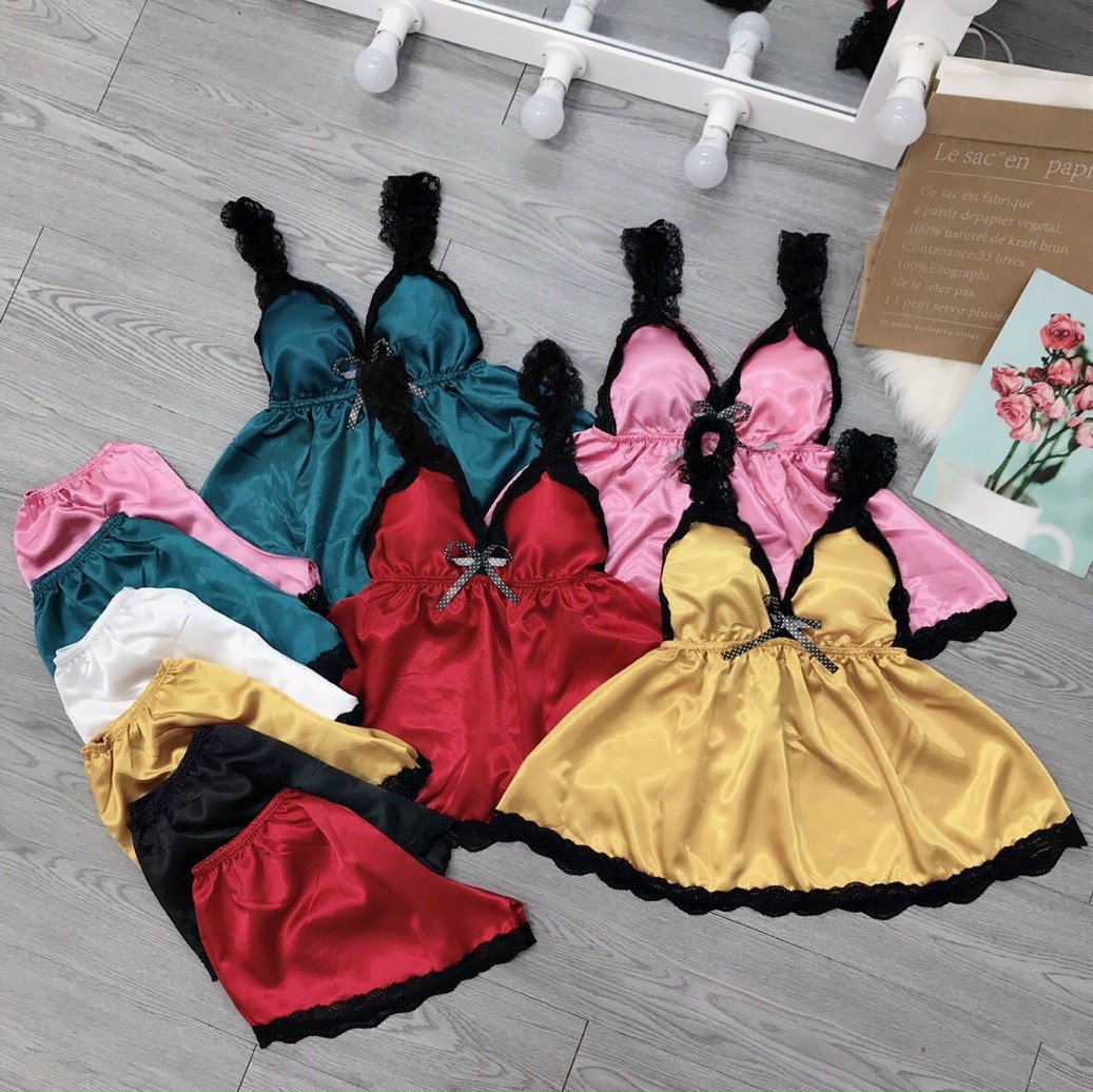 Đồ ngủ sexy nữ có mút ngực💫 FREE SHIP 💫Đồ ngủ hai dây phối ren chất lụa phi hai dây có mút ngực chất mịn quyến rũ