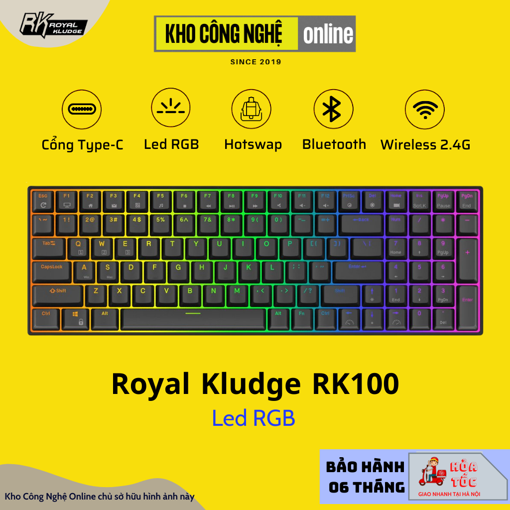 RK100 - Bàn phím cơ không dây RK100 RK860 Wireless 2.4G + Bluetooth 5.0 + Có dây Type C + Hotswap thay nóng các Switch