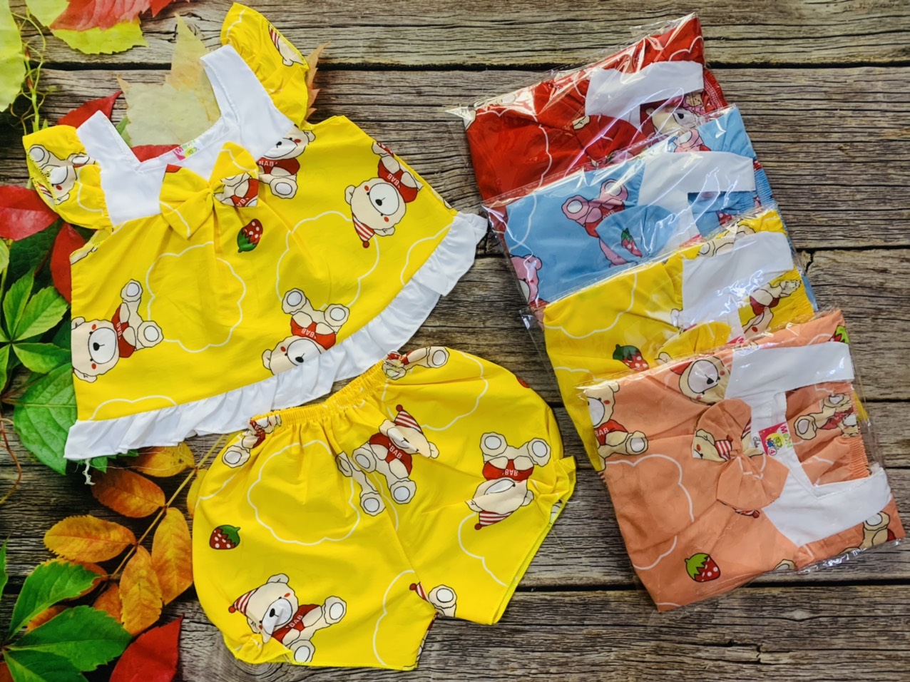 ( Giao màu ngẫu nhiên) Bộ Lụa Phối Viền Nơ Bé (6-14kg)