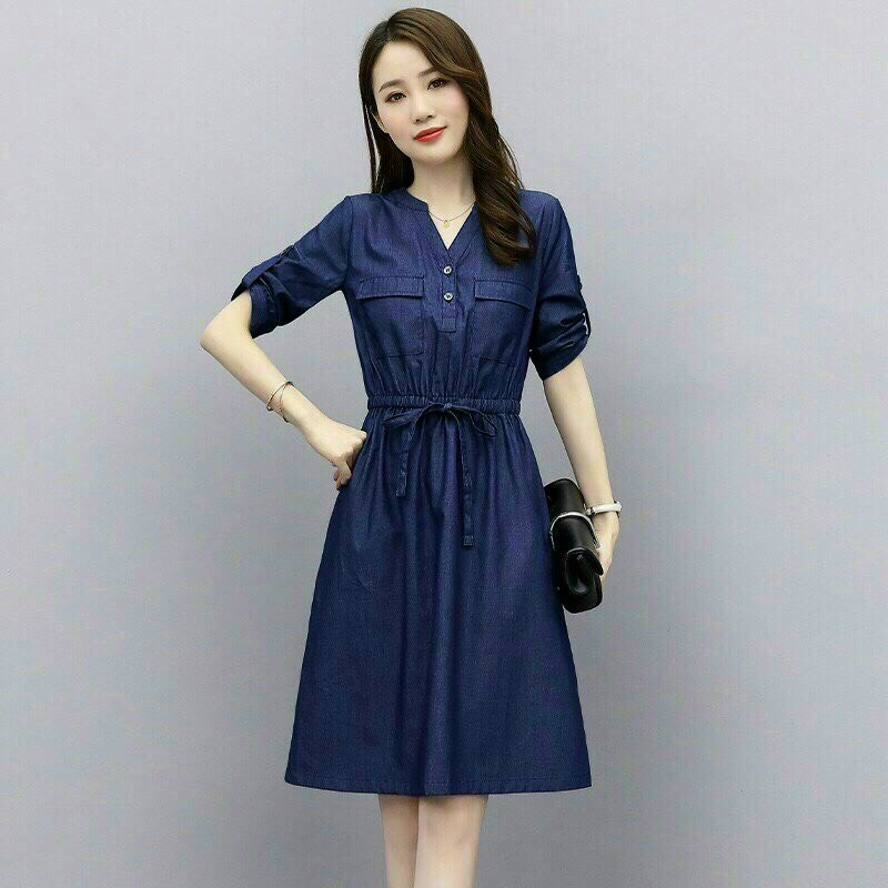 Đầm váy jean xòe dây rút eo cổ v