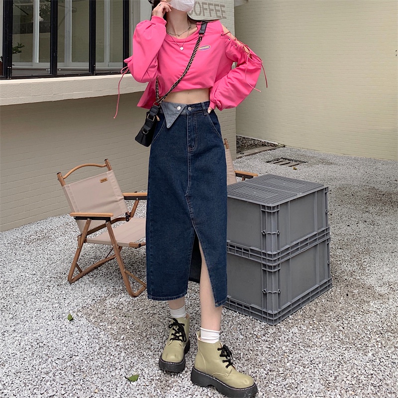 Chân váy jeans cạp tam giác dáng chữ a 🦋 váy bò nữ xẻ giữa dáng dài 2 màu 🦋