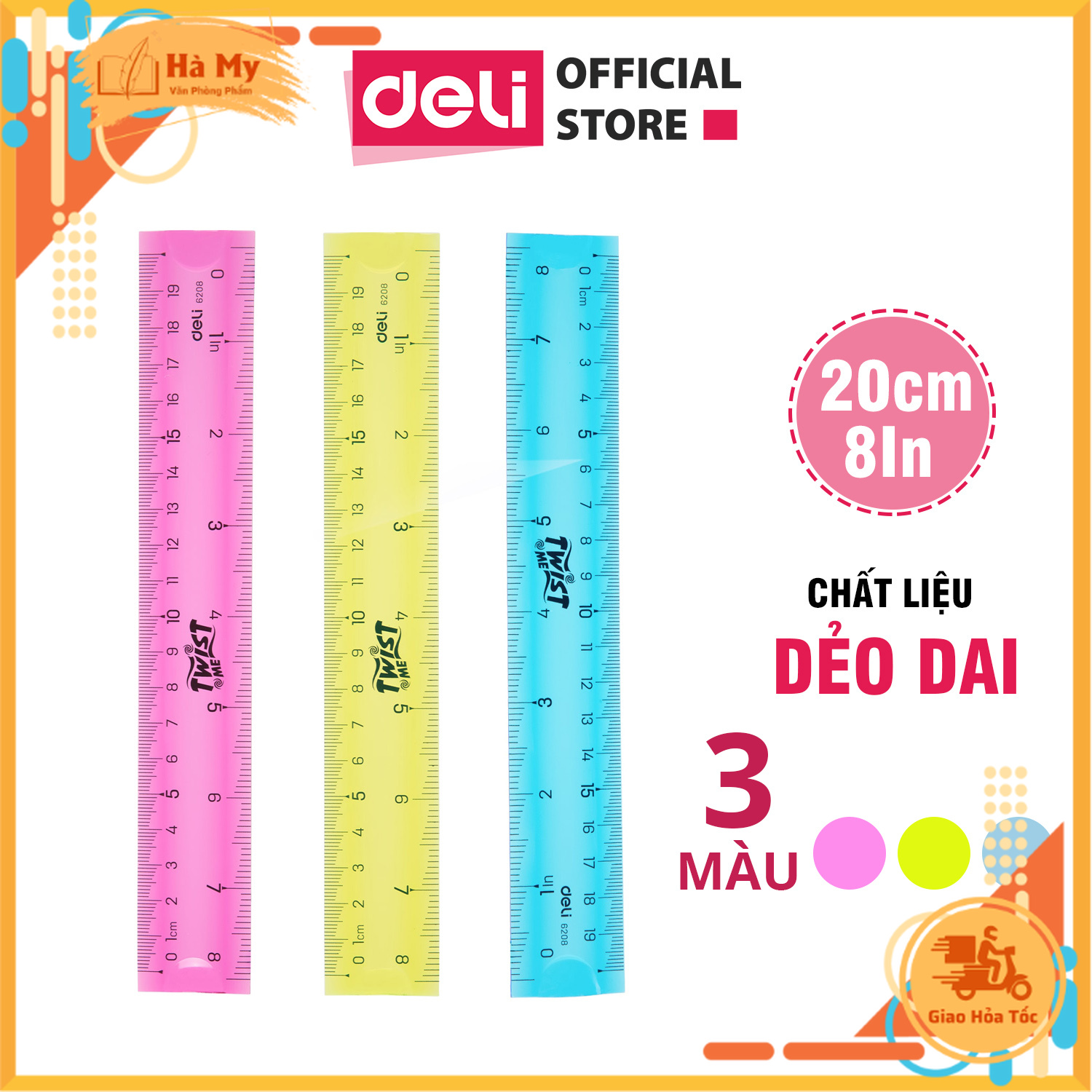 Thước kẻ nhựa dẻo EcoPVC 20cm Deli - E6208