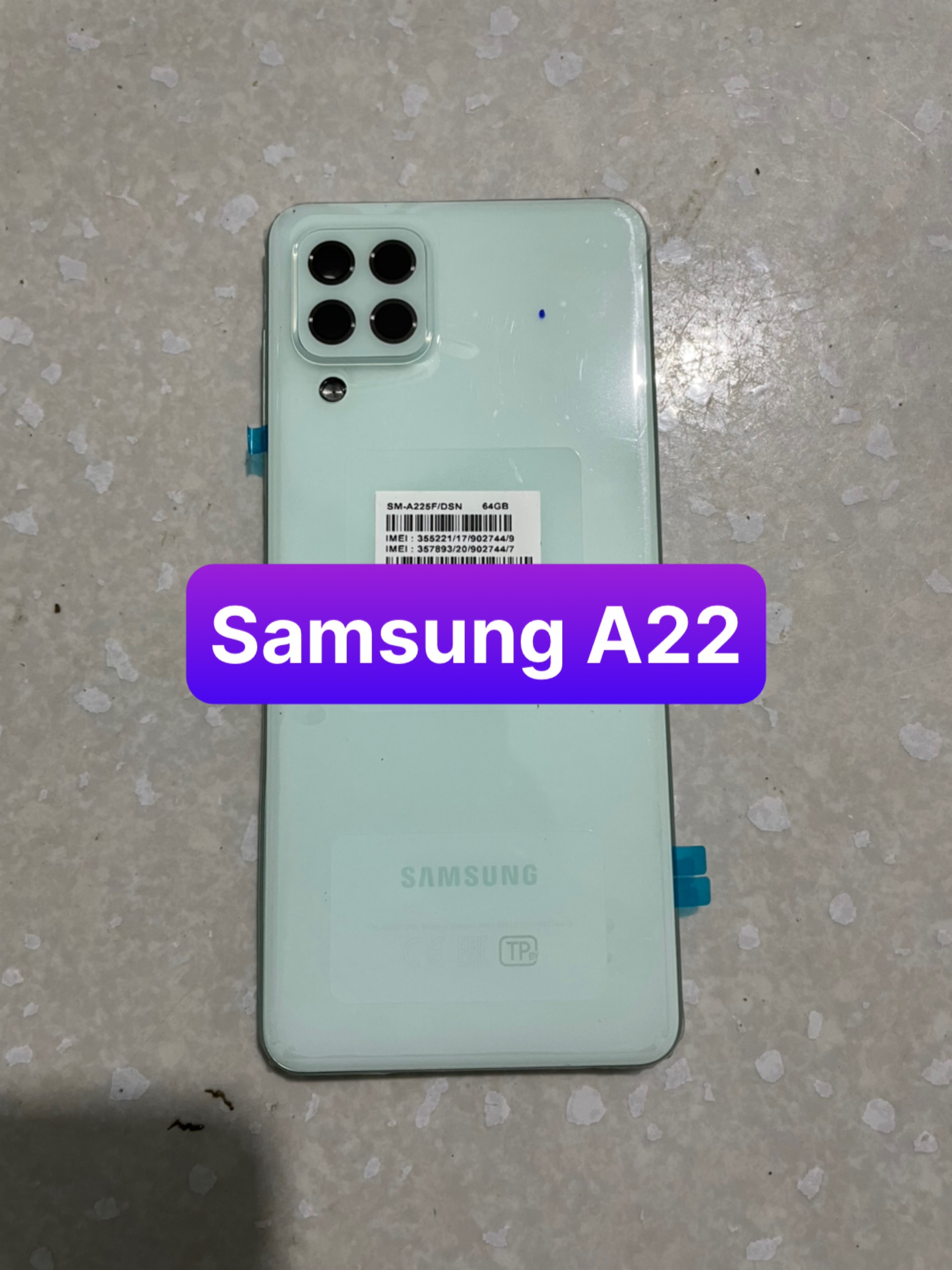 Bộ vỏ samsung A22 zin ( gồn lưng,sườn,benzen,kính cam,nút bấn)