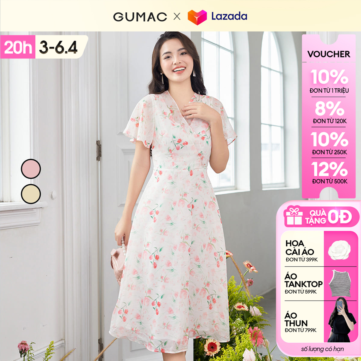 [15 - 17.6 |Voucher 8-15%] Đầm nữ cổ tim kiểu phối thời trang GUMAC DD12061