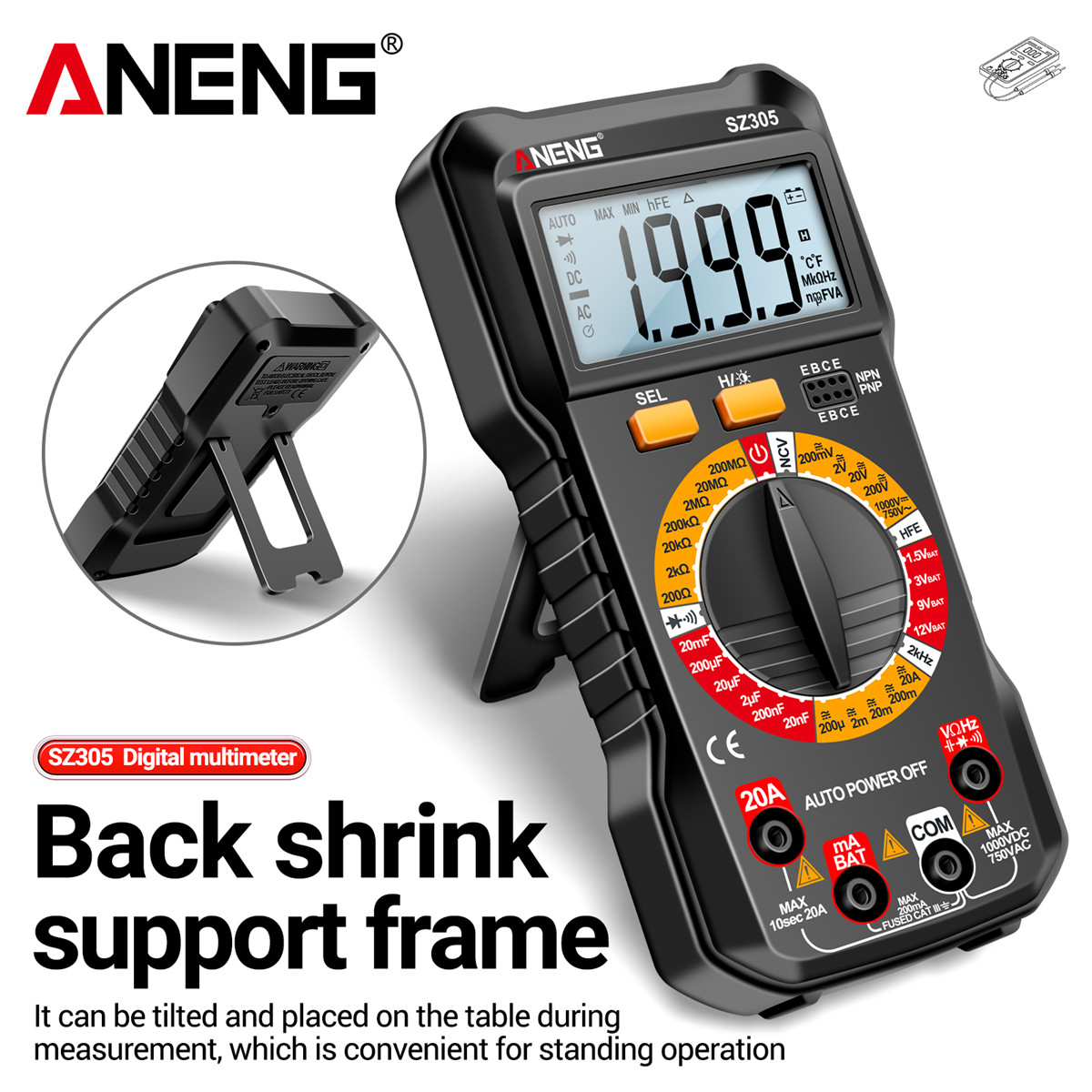 Aneng sz305 đa năng kế kỹ thuật số tự động phạm vi 750V 10A Thông Minh vạn năng DC/vôn kế xoay chiều Ampe kế 1999 đếm/NCV không tiếp xúc/hFE/kháng/phát hiện liên tục/Còi/Vỏ bảo vệ chống rơi Silicon/đa năng kế kỹ thuật số thông minh