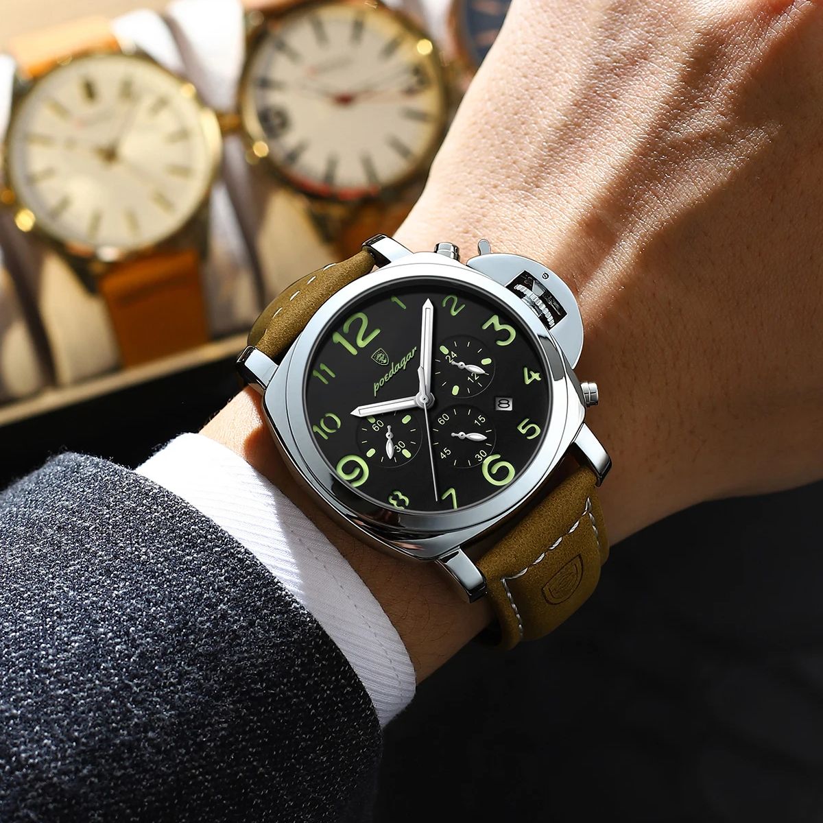 POEDAGAR Luxury Sports Watch for Man Waterproof Luminous Date Chronograph Men Watch Leather Quartz Men's Watches Clock Reloj+box.