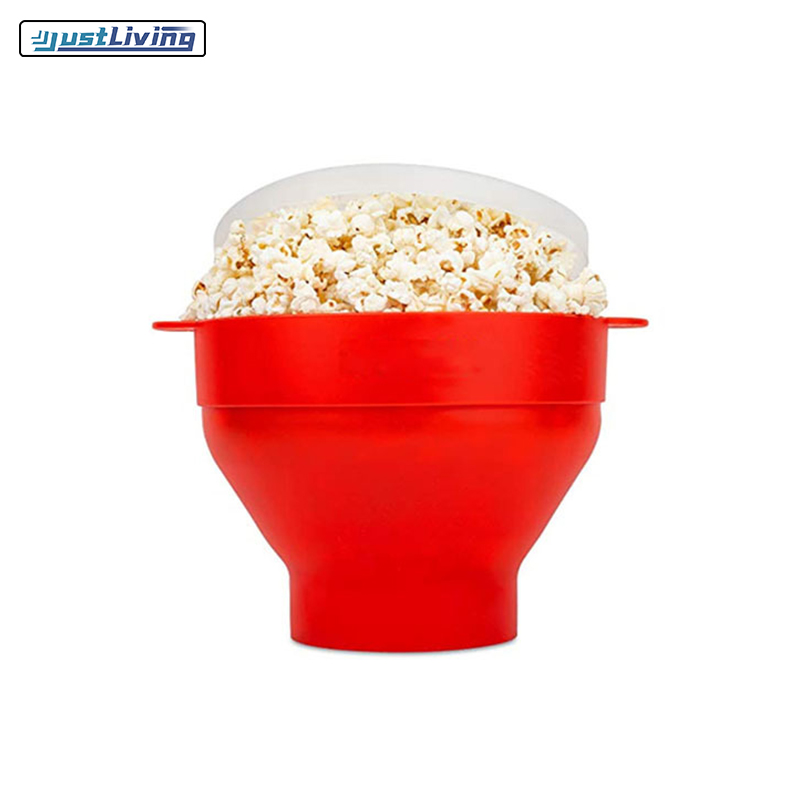 JustLiving Family Size Microwave Popcorn Maker Microwaveable Silicone Popcorn Popper with Handles BPA-Free Silicone Popper Bowl with Lid Collapsible Popcorn Bowl - Dishwasher Safe