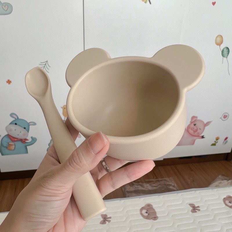 Hình thật chén/bát kèm thìa/muỗng ăn dặm gấu thỏ silicone cao cấp bpa free cho bé có hộp làm quà - babyking