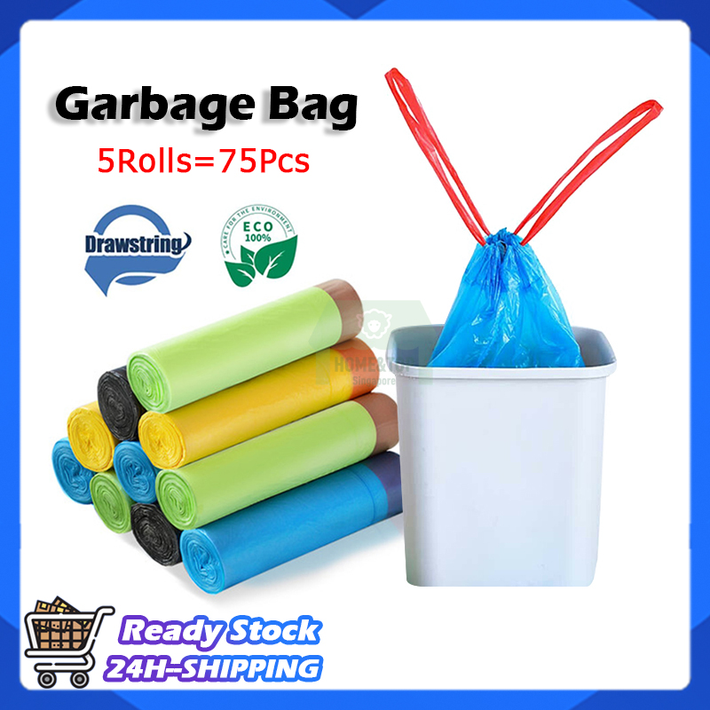 5rolls/75pcs Drawstring Garbage Bag, Portable Garbage Bag