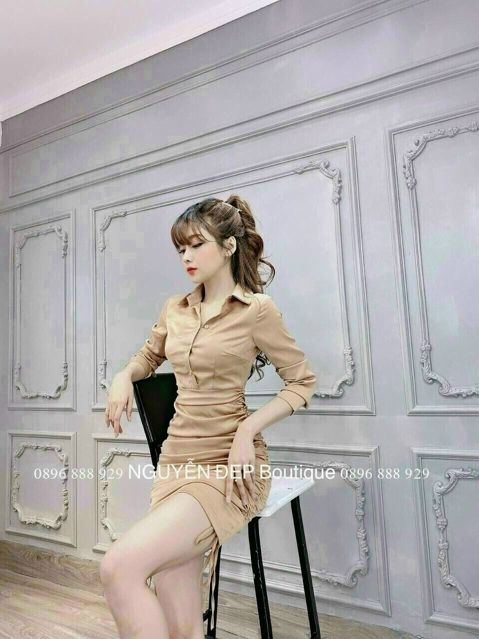 Đầm Nhúm Sơ Mi Nút Cài
