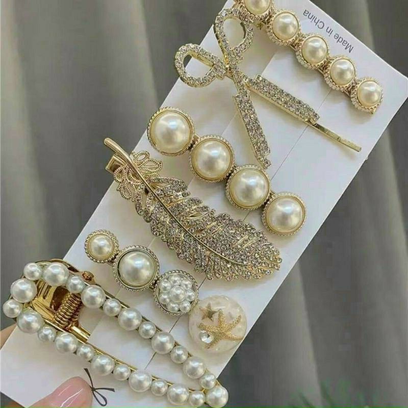 Set 6 Kẹp Tóc Đính Ngọc Ánh Vàng Hàn Quốc Sang Chảnh siêu sang cho các nàng
