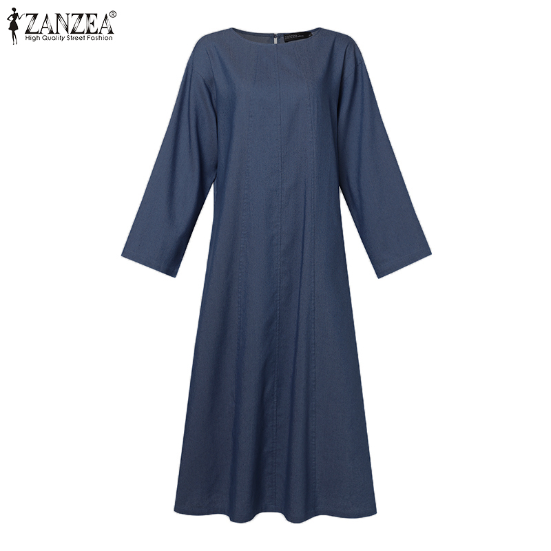 ZANZEA%20Korean%20Style%20Women's%20Dresses%20New%20Fashion%20O-Neck%20Full%20Sleeve%20Buttons%20Plain%20Loose%20Denim%20Dress%20-%20Image%206