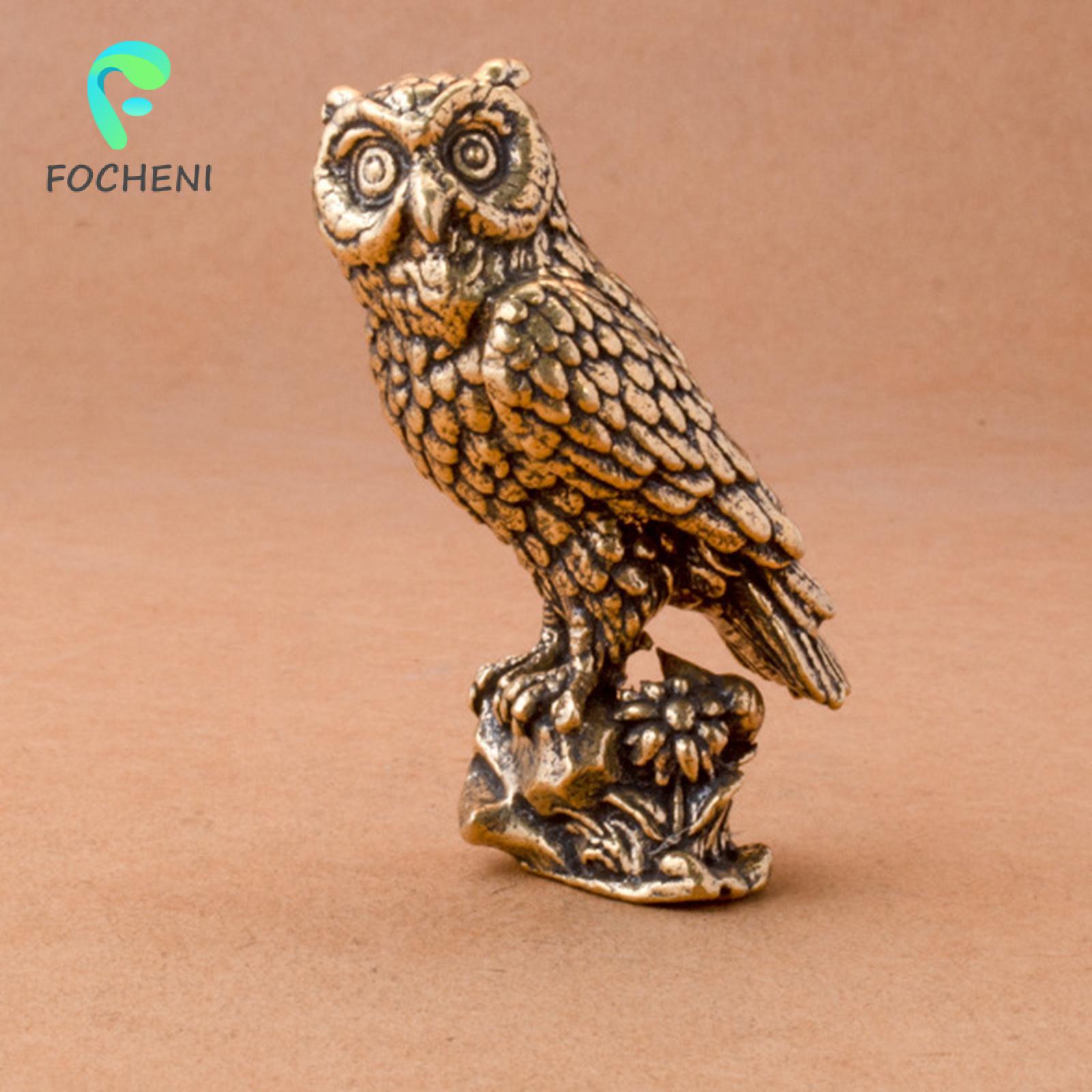 Focheni Miniature Owl Figurine Brass Owl Statue Mini Crafts for Table Bookcase Home
