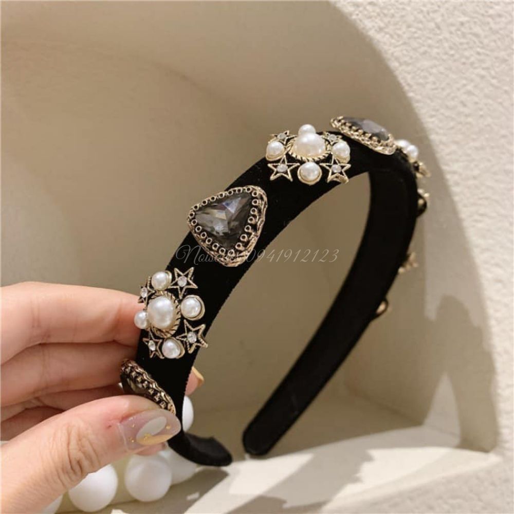 [Sỉ lẻ] Bờm nhung lụa đen đính đá Thời Trang, Bờm cài tóc Retro Nhung Hàn Quốc - Noisocks