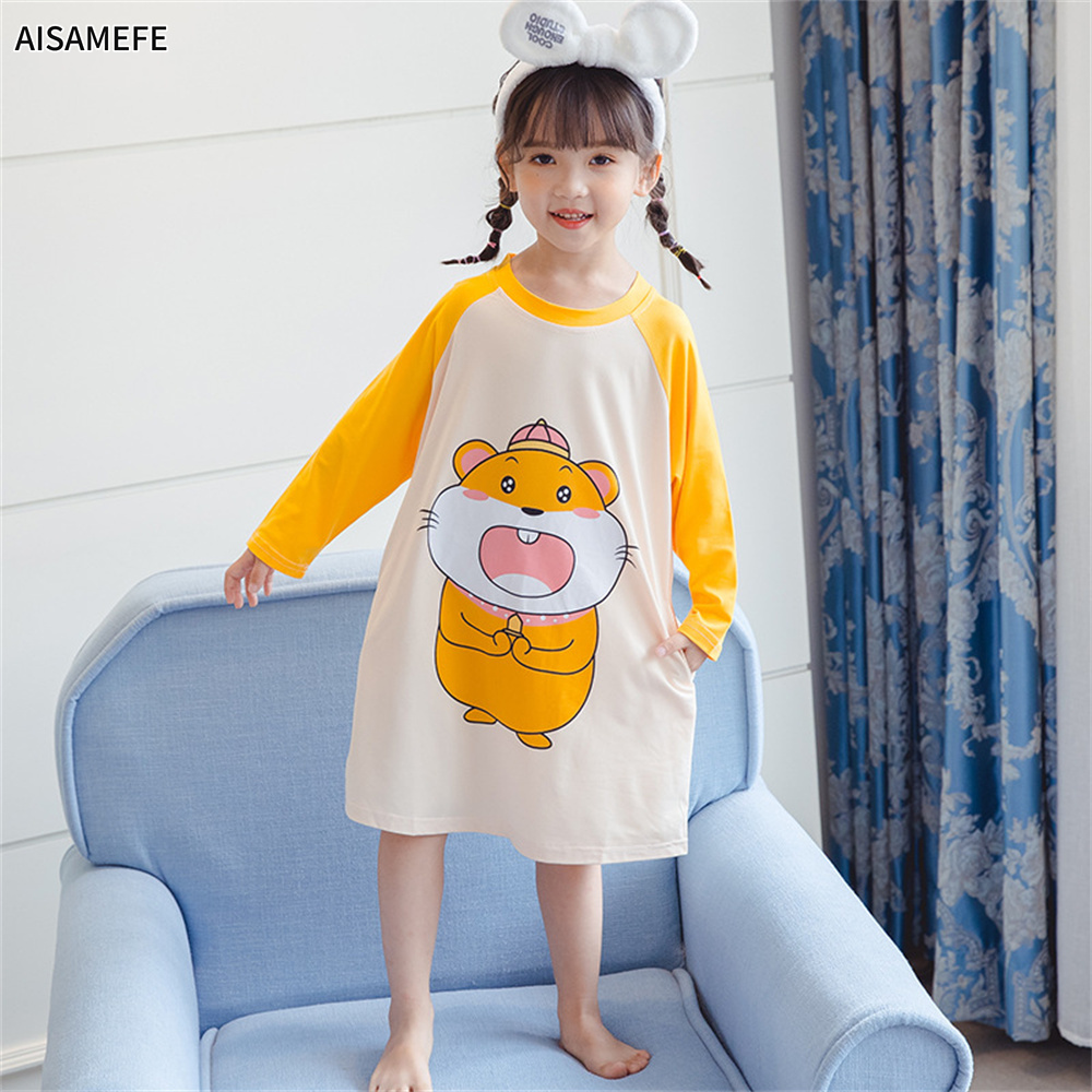 AISAMEFE Girls Nightdress Long Sleeve Spring Summer Thin Korean Cartoon KT Cat Snowwhite Pattern Pajamas Homewear Girls 3-12Y Teen