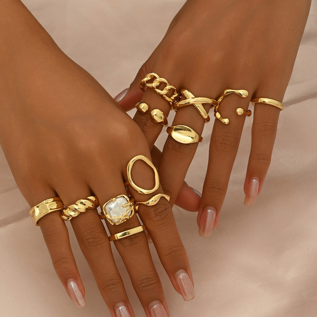 12Pcs/Set Vintage Gold Metal Geometric Irregularity Rings Set for Women Finger Opening Rings Fashion Jewelry Accessories