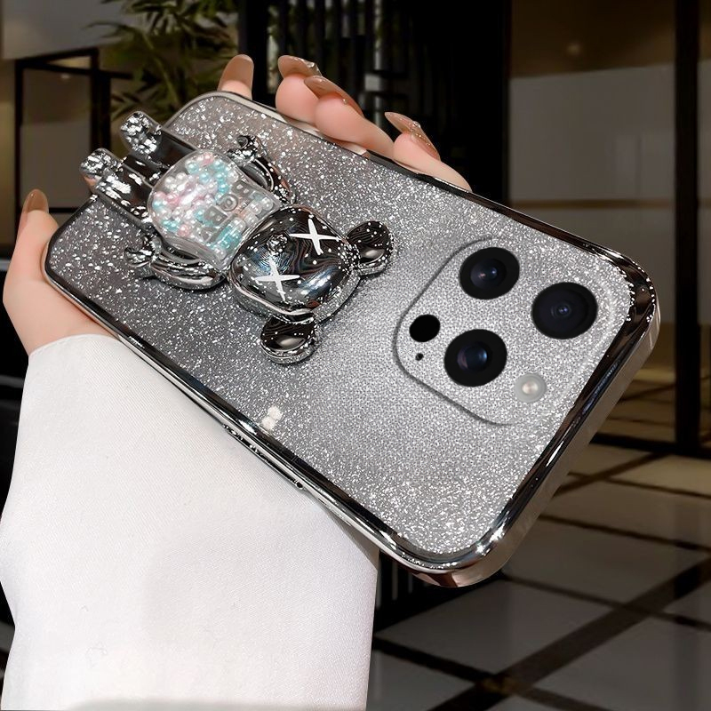 New Phone case iPhone 16 Pro Back cover with Cartoon 3D Bear Stand Luxury Slim Gradient Plating Glitter Girls Stylish For iphone16 Pro + Max case. 