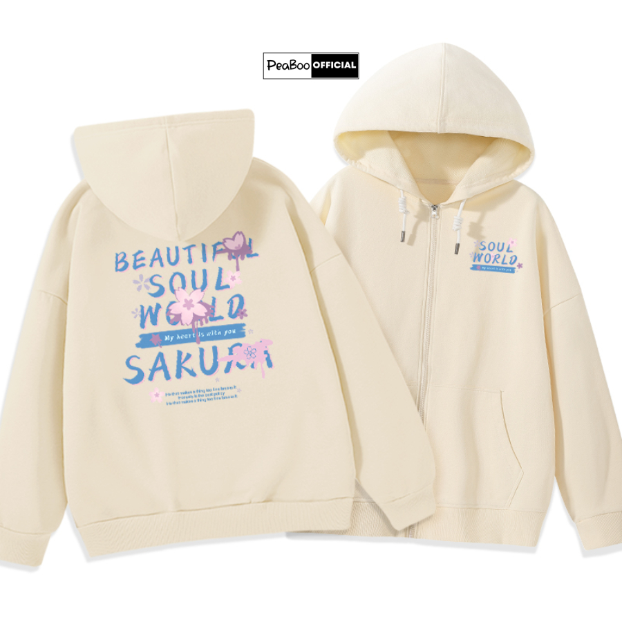  Áo Hoodie Zip Nam Nữ Unisex By PEABOO Mã Hoa Đào Chất Nỉ Bông Form Rộng Mũ 2 Lớp 