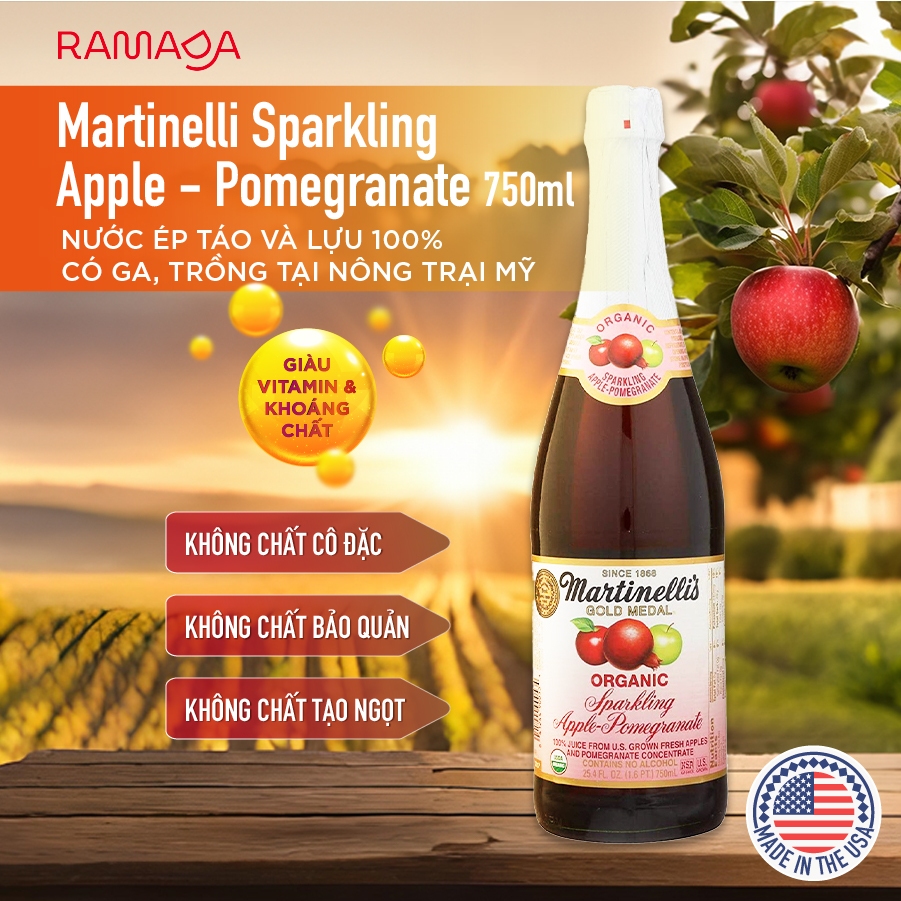 Nước Ép Táo Nguyên Chất Có Ga Hương Lựu Martinelli’s Sparkling Apple Pomegranate chai 750ml