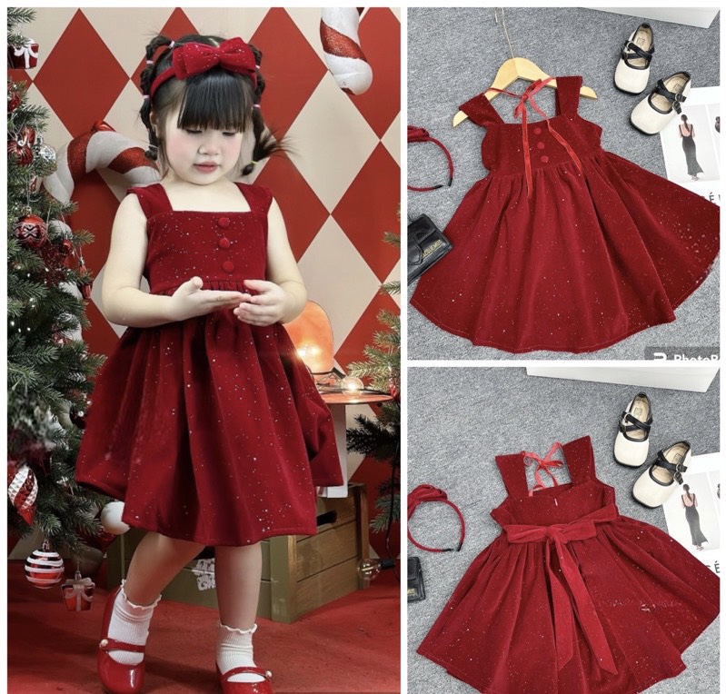 Váy nhung đỏ đính kim tuyến kèm bờm nơ cho bé gái diện noel, lễ tết