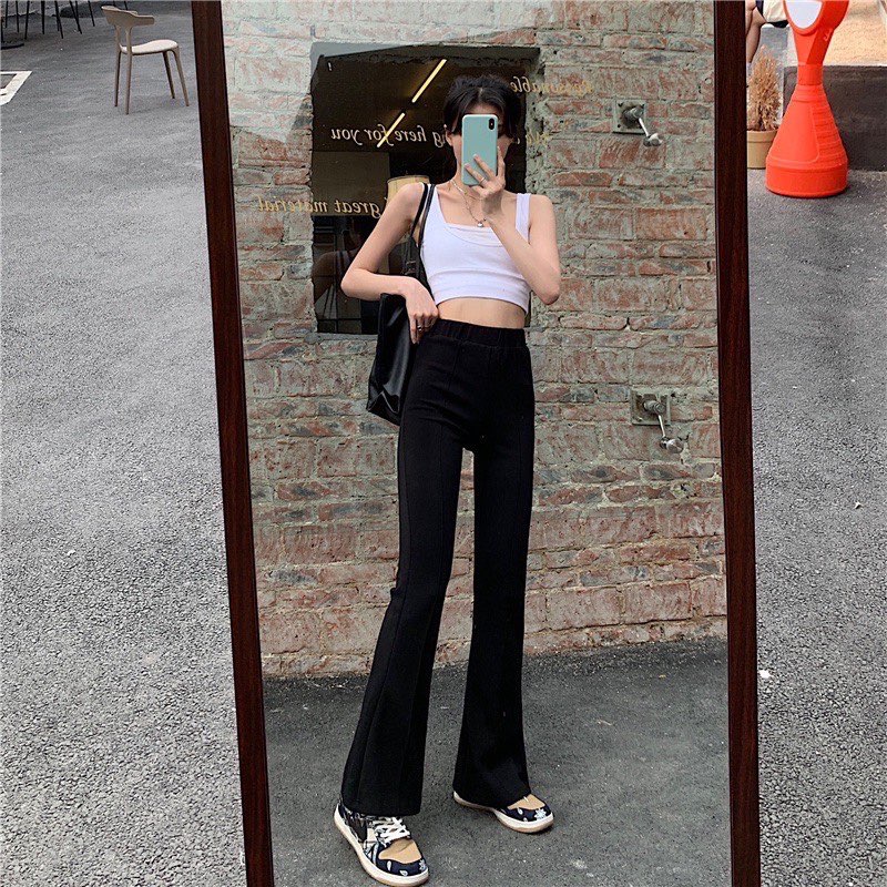 Quần ống loe legging cạp cao dáng dài vải co giãn