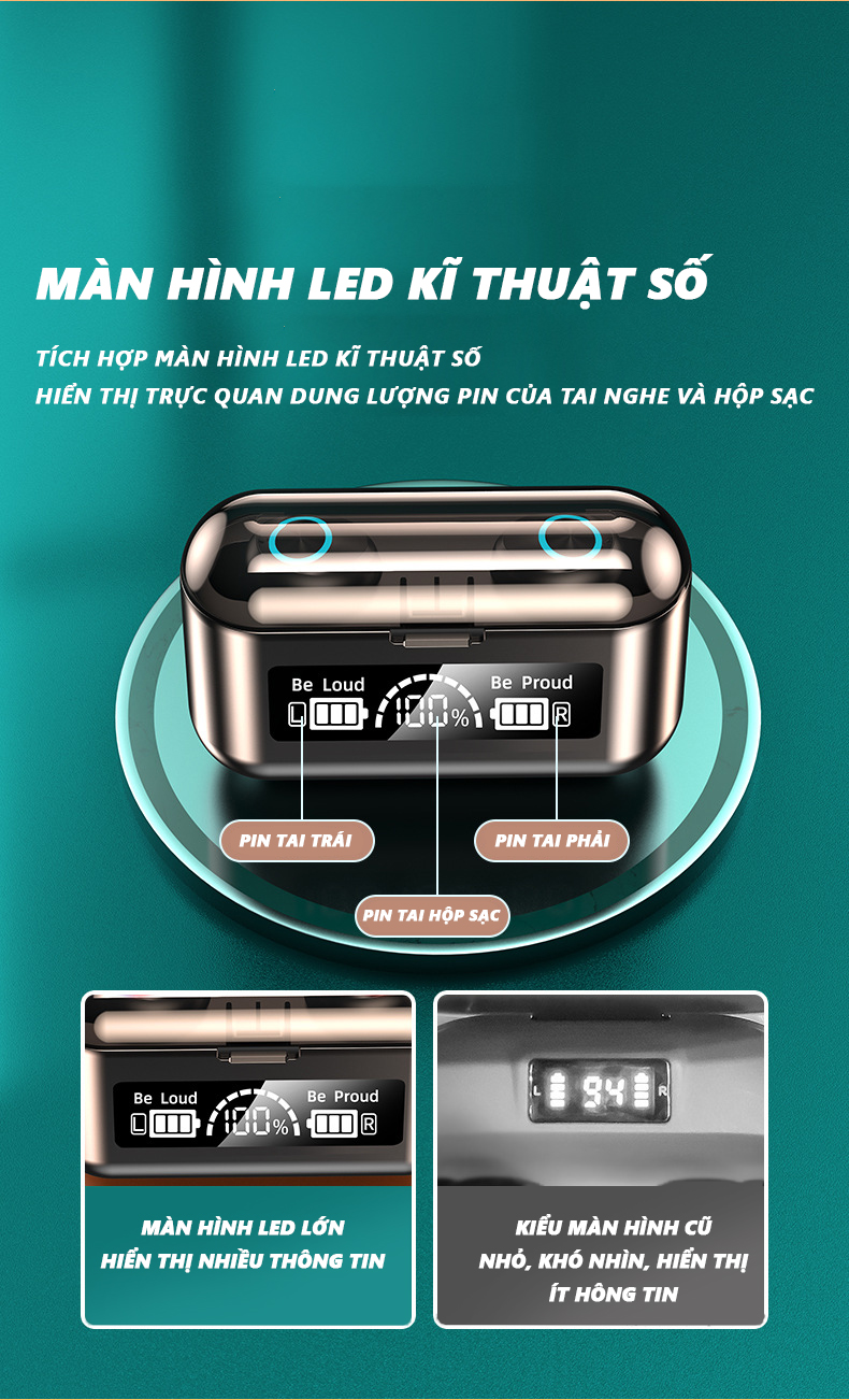 Tai nghe bluetooth 5.1 F9 Pro tích hợp màn hình LED kĩ thuật số, điều khiển cảm ứng thông minh, hộp sạc kiêm sạc dự phòng, giá đỡ điện thoại
