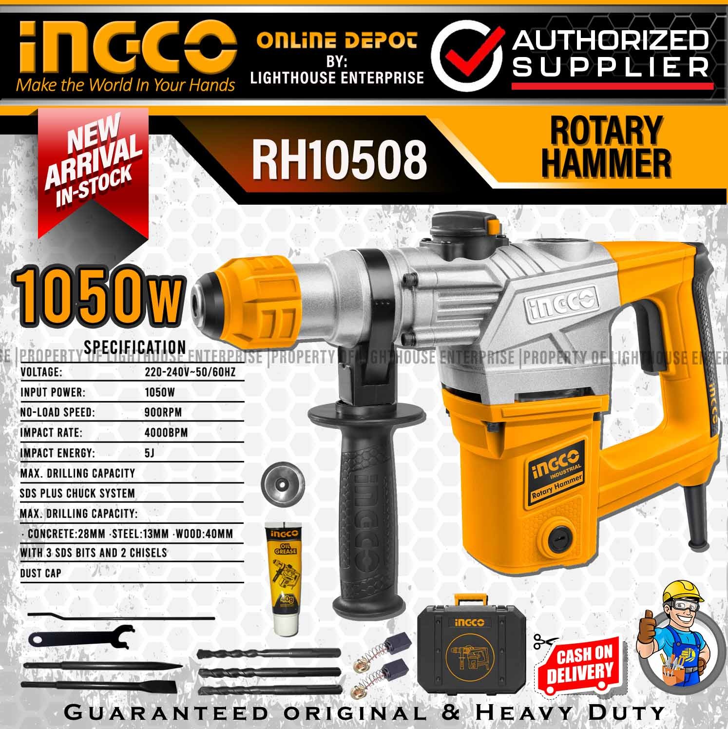 INGCO 1050W SDS Plus Rotary Hammer/Chipping Gun + 3 SDS Bits + 2