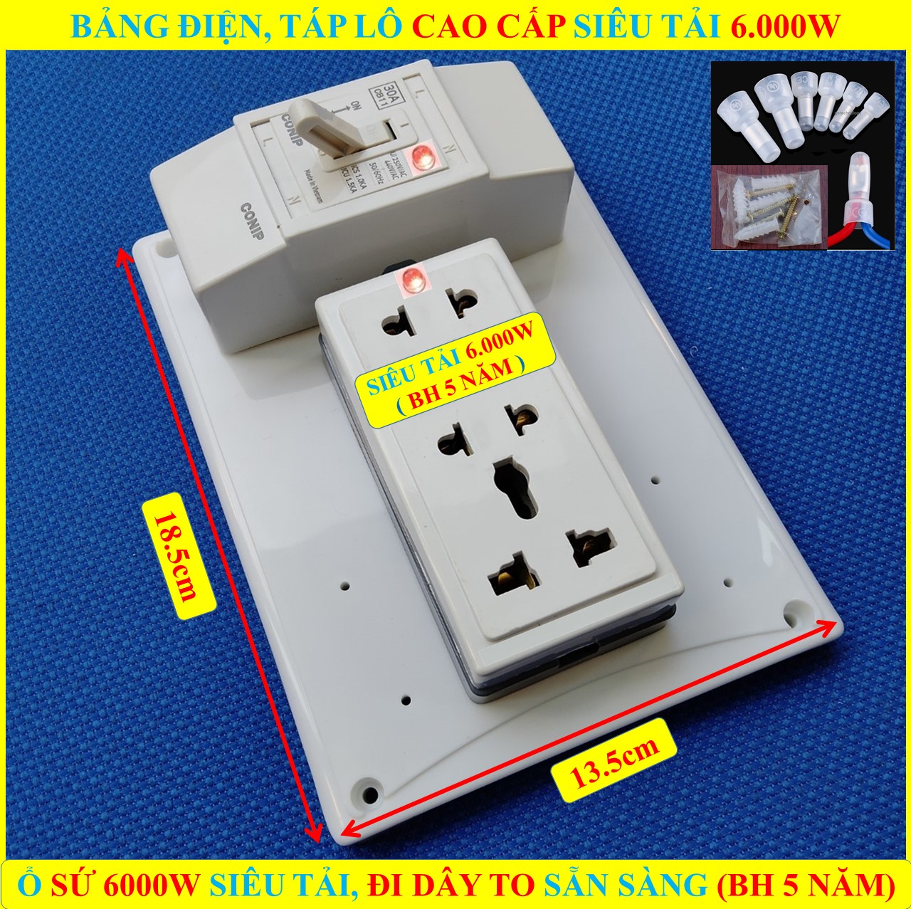 Bảng điện TỔNG 6000W SIÊU CHỊU TẢI (BH 5 NĂM) + 1 Ổ cắm SỨ SIÊU TẢI 6000W CÓ lò xo chống giãn + ĐÃ ĐI DÂY TO sẵn sàng + Bộ vít lắp đặt (bộ 1 sp)