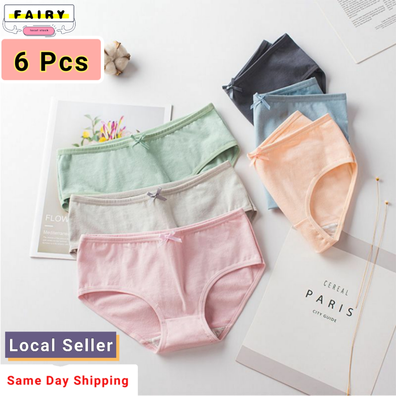 SG Seller) 6 Pcs Woman Panties Cotton Underwear Seamless sweet candy color  Cotton underpants briefs sexy cute design girls panties lady Female panty