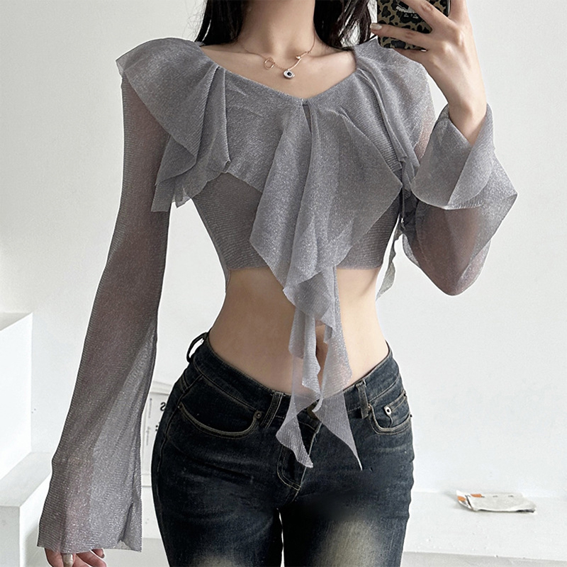 Simon Women Long Sleeve Crop Tops Solid Color Ruffles Crew Neck Mesh Casual T-Shirts Spring Fall Slim Fit Shirts Streetwear