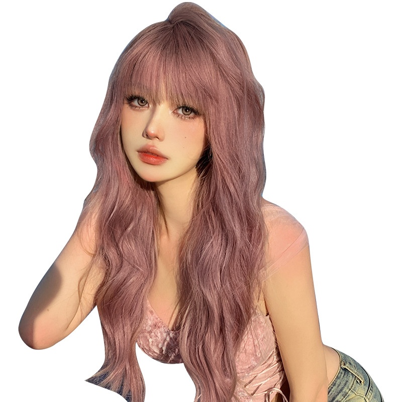 Tse Wig Female Long Hair Pink Long Curly Hair Wig Female Full Head Cover Lolita Wig Natural Wig Cover M5