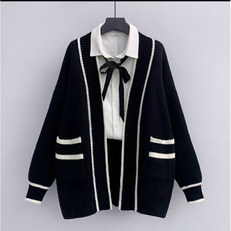 Áo khoác cardigan áo len nữ dáng dài form rộng dày dặn kẻ sọc viền xinh xắn hàng Quảng Châu cao cấp NHẬT LINH - A525