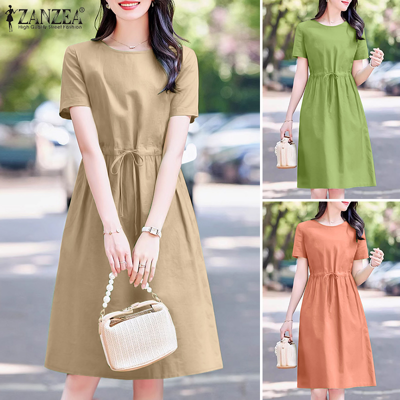 ZANZEA%20Korean%20Style%20Womens%20Casual%20O%20Neck%20Drawstring%20Lace%20Up%20Dress%20Elegant%20Short%20Sleeve%20Solid%20Knee%20Length%20Dresses%20-%20Image%205
