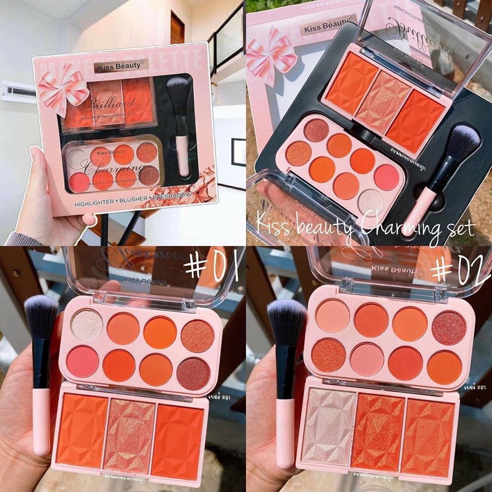 Bảng phấn kiss beauty chiếc nơ gồm 3 sản phẩm: phấn mắt 8 ô + phấn má 3 ô + cọ má hồng