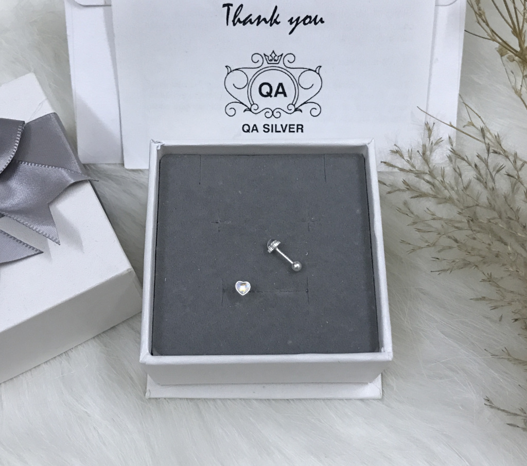 Khuyên tai bạc 925 trái tim đính đá chốt bi vặn ánh xà cừ bông nụ nam nữ S925 HEART QA SILVER Earrings EA220402
