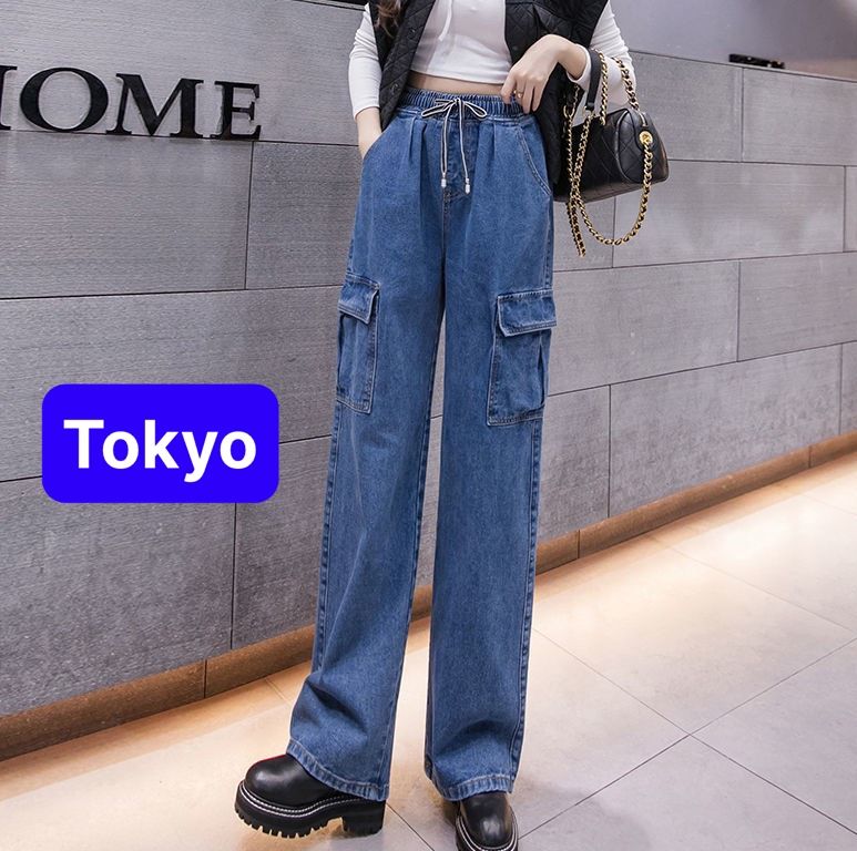 QUẦN BAGGY JEAN NỮ CHẤT BÒ XÁM XANH LƯNG THUN CẠP CHUN TÚI HỘP ỐNG RỘNG XUÔNG DÀI LƯNG CAO NÂNG MÔNG HÀN QUỐC NEW - TOKYO FASHION