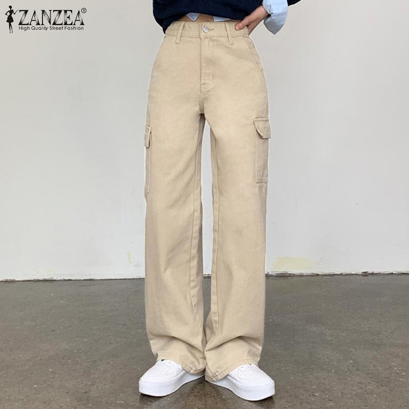 ZANZEA Korean Style Women's Pants Causal Fashion Cargo Pants Elasticated  Waist Drawstring Cool Overalls Trousers #10