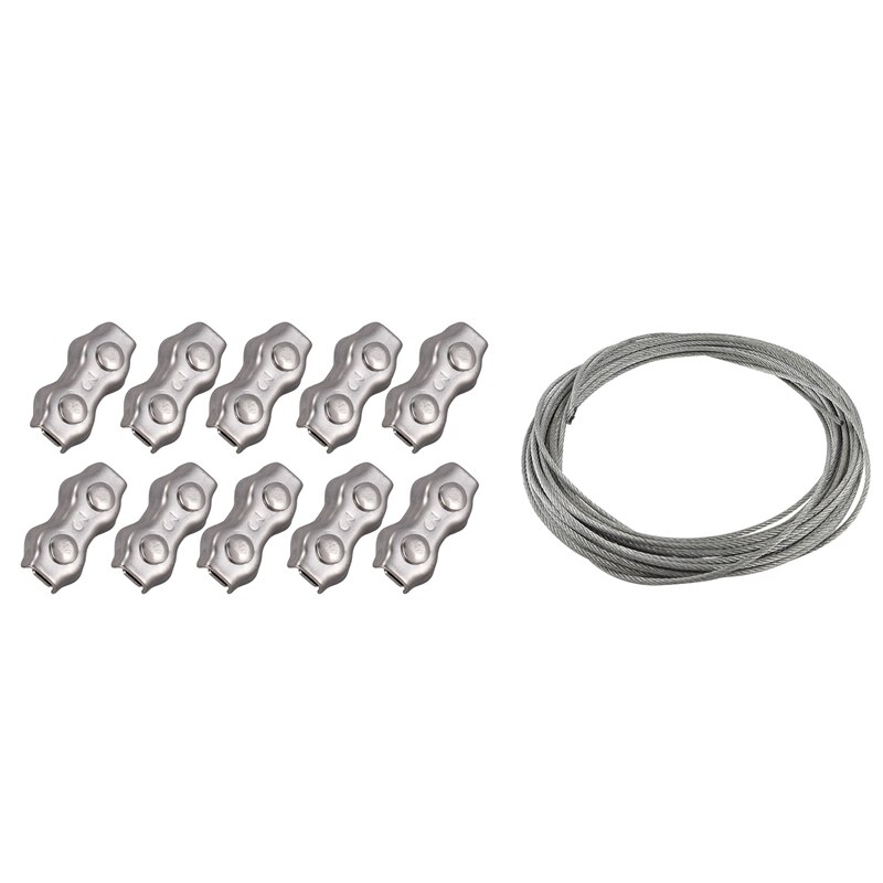 11 Pcs Stainless Steel Wire Rope Clamps+Cable: 10 Pcs 3Mm Duplex Clips Wire Cable Rope Grips Clamps Caliper & 1 Pcs Flexible Wir