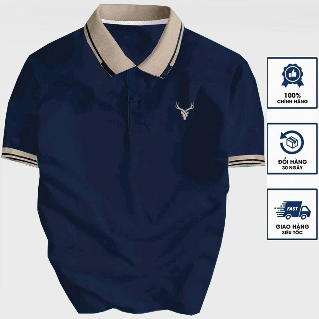 Áo thun Polo xám khói nam thêu Logo Sừng Hươu phối màu cực chuẩn vải cotton co giãn 4 chiều sang trọng