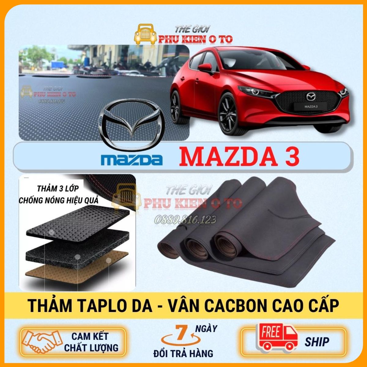 Thảm taplo Mazda 3 2014 - 2022 da Cacbon 3 lớp cao cấp, chống nóng cho ô tô hiệu quả