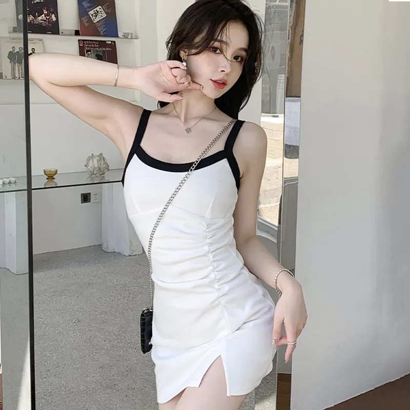 DUOHANZI Women's suspender dress with slit, white butt-covering bottoming short skirt
