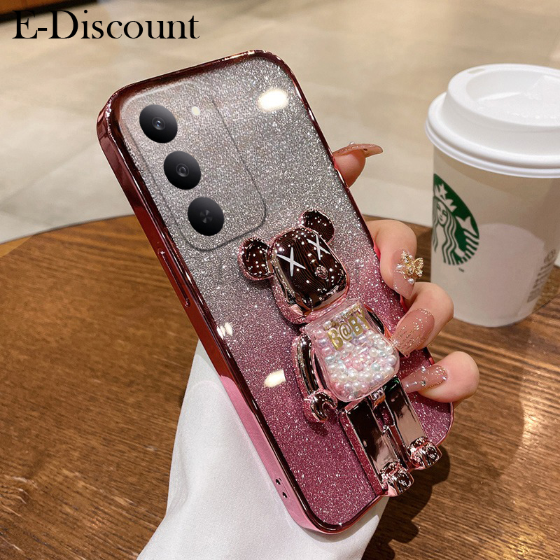 New Phone case Realme C71 C75 C75X Back cover with Cartoon 3D Bear Stand Luxury Slim Gradient Plating Glitter Girls Stylish For Realme C75 C75X C71 case.