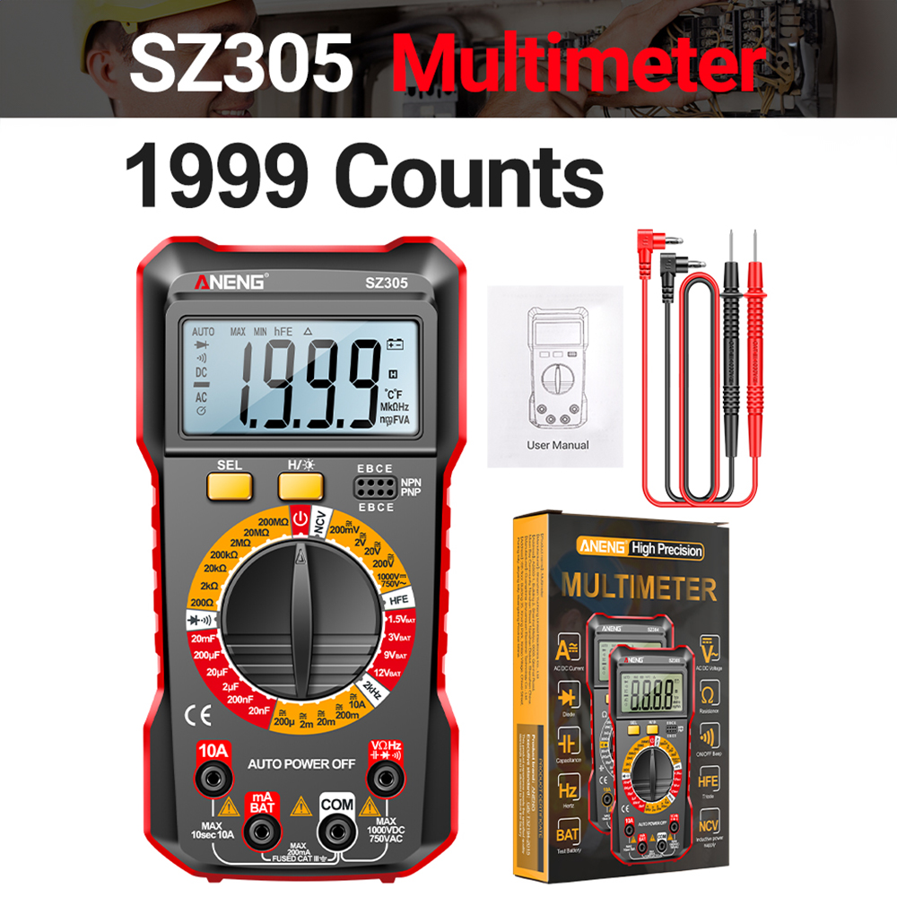 Pcbfun Aneng Sz304 Sz305 Multimeter Volt Ohm Amp Meter Autoranging For Ac/dc Current Voltage Resistance Frequency Tester Maximum Count 2000