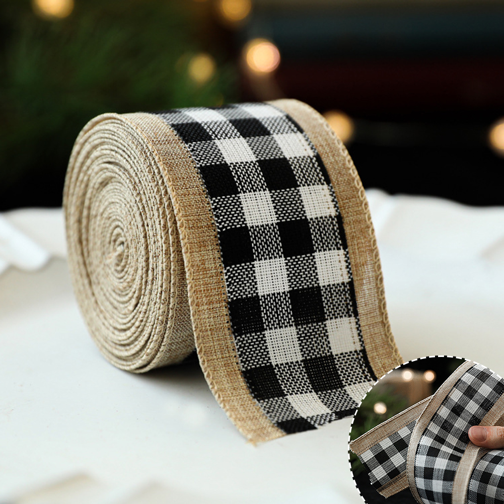 JM 2M/Roll Craft Ribbon Imitation Ribbon Wire Wire Edge Linen Ribbon Christmas Decoration Black and White Snowflake Plaid Ribbon. 