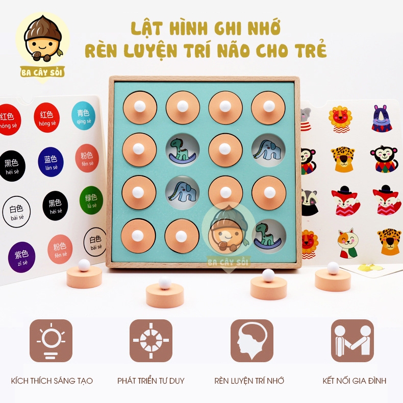 Đồ chơi lật hình luyện trí nhớ bằng gỗ, đồ chơi giáo dục Montessori giúp bé rèn luyện ghi nhớ 12 chủ để.