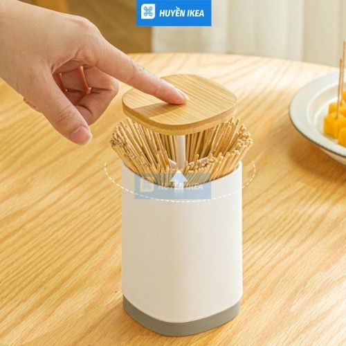 Lọ hộp đựng tăm nắp gỗ nhấn