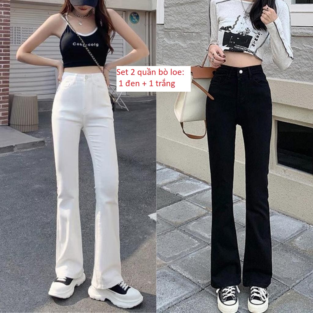 Quần Jean Ống Loe Cạp Cao Dáng Dài, Quần bò loe Siêu Hot Tôn dáng Chất Mềm Co Giãn bốn chiều hai màu đen, trắng