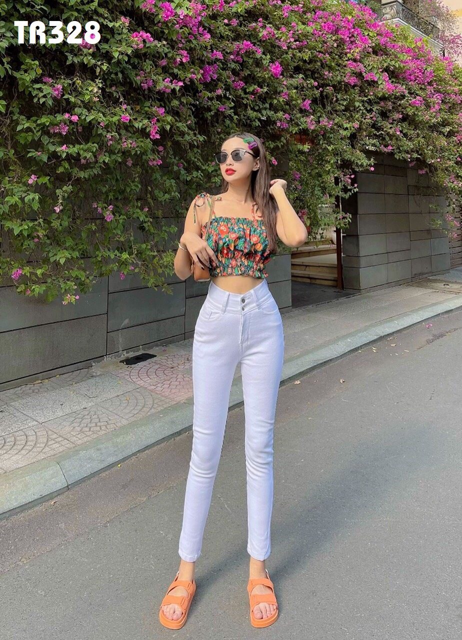 Quần jeans nữ, quần bò nữ màu trắng lưng cao co giãn