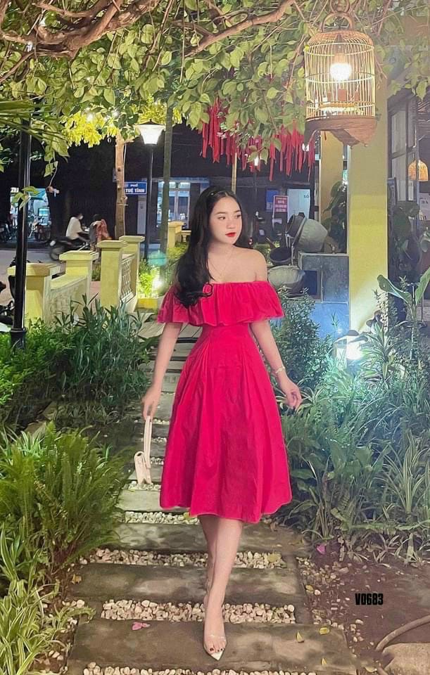 Đầm trể vai umi dáng xoè - Váy đầm nữ trể vai dự tiệc, đầm tiểu thư bèo tầng